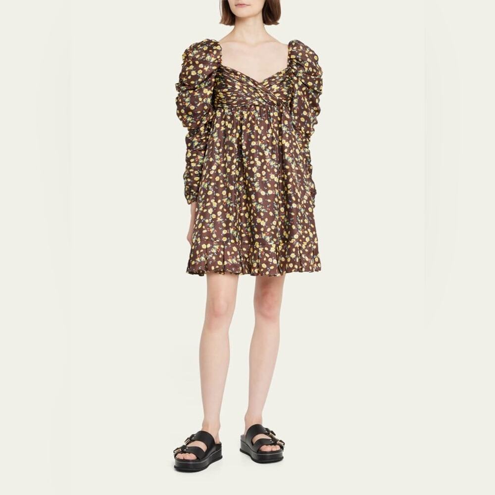 NWT AUTUMN ADEIGBO Bridgette 100% Silk Puff-Sleeve Mini Dress Brown  Size 4